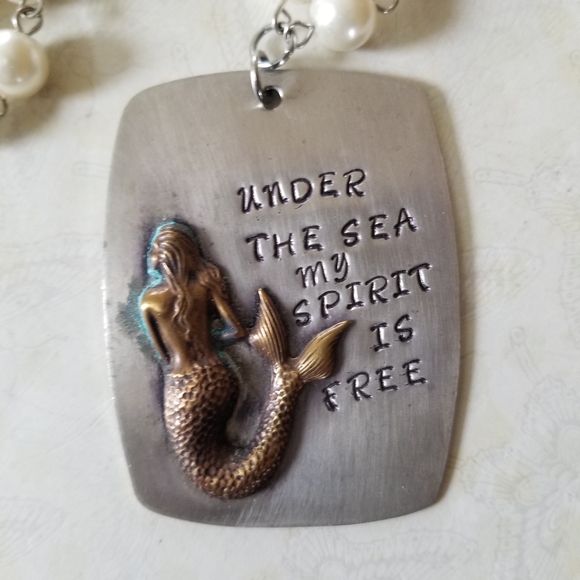 Hand Crafted Hand Stamped Faux Pearl Mermaid Pendant Necklace - Picture 12 of 16